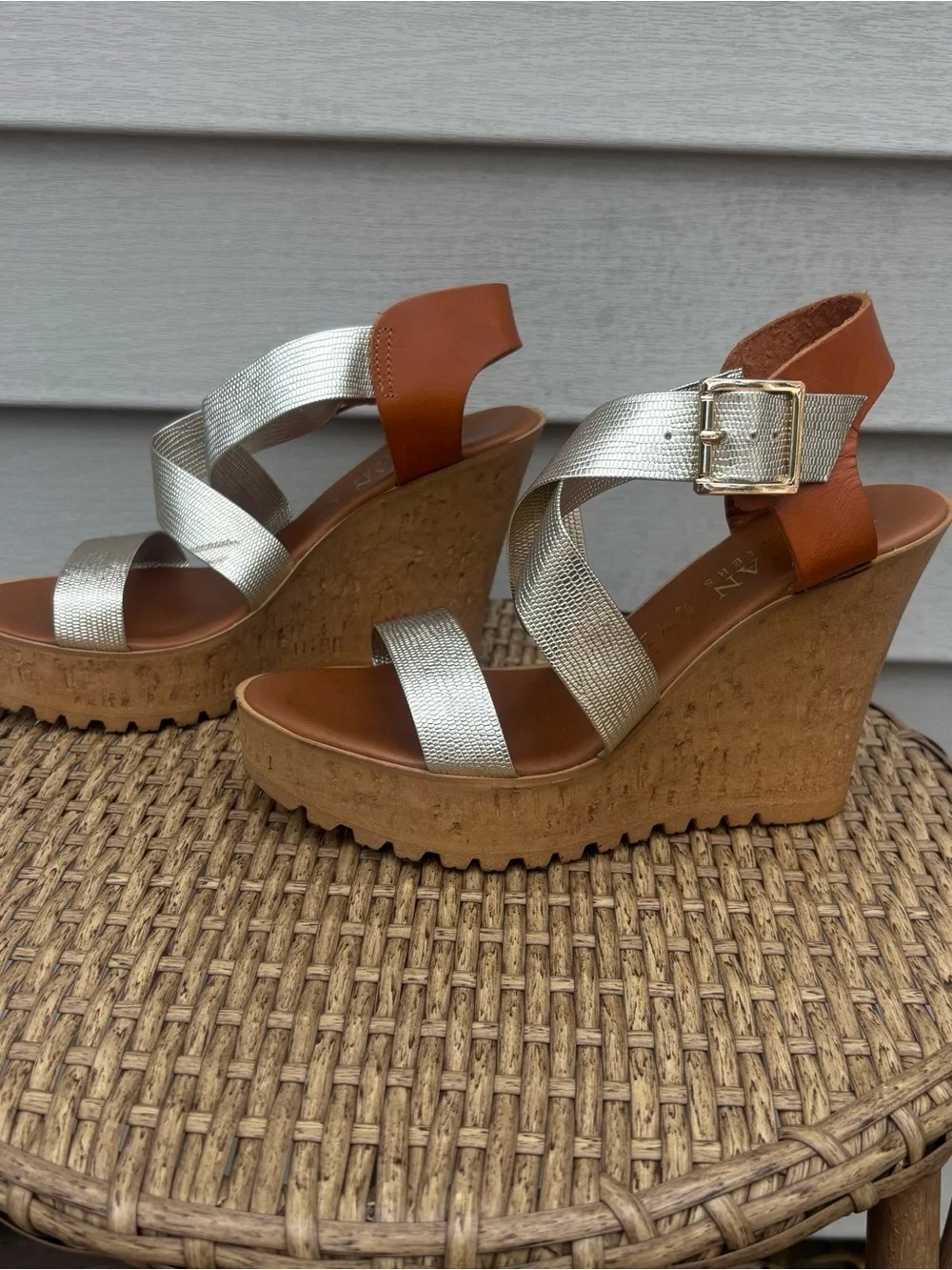 Italian Shoemakers Silver and Brown Cork Wedge Sandals